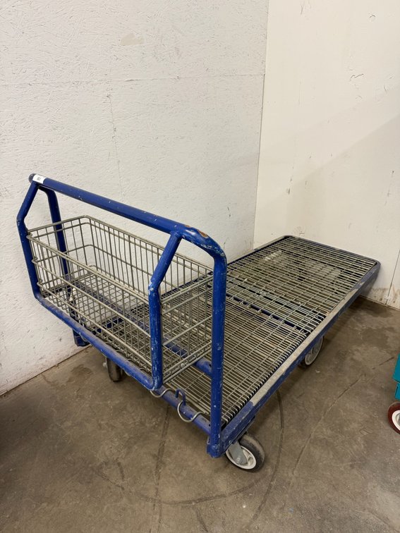 Blue Tubular Steel Platform Cart with Wire Basket