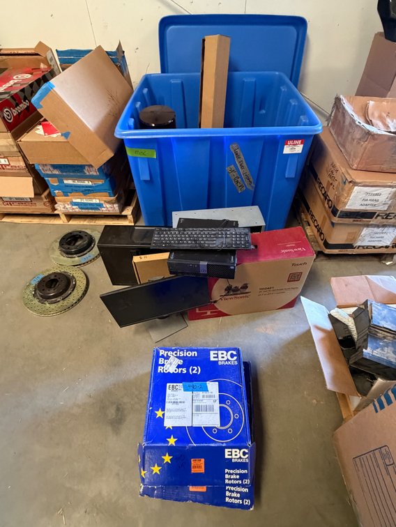 Brake Rotors, Computer Equipment, and Storage Tub with Parts