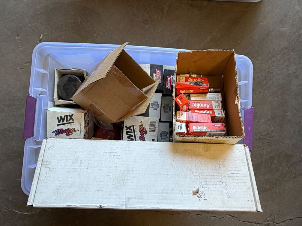 Automotive Filters, Spark Plugs, Lug Nuts, and Storage Tote