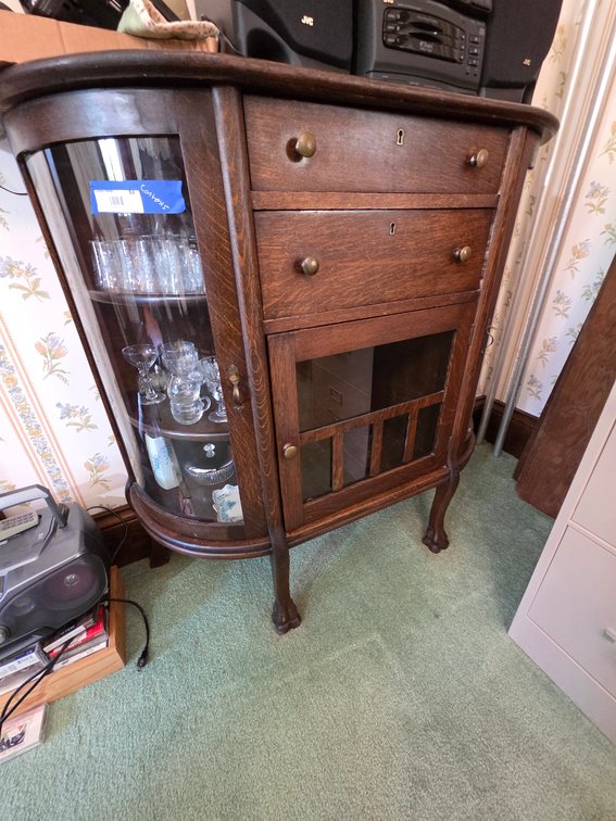 Antique Curved Glass Curio Cabinet (45"Wx16"Dx43"H) - Cabinet Only Contents Not Included