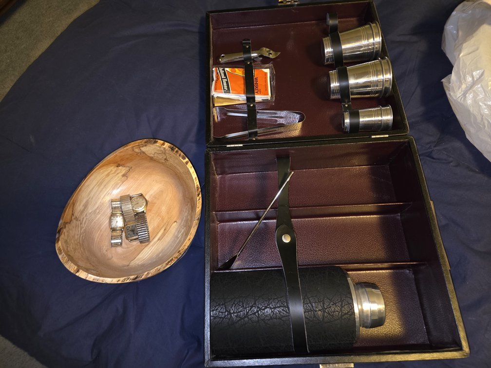 3 Vintage Watches in Wooden Bowl and Drink Set