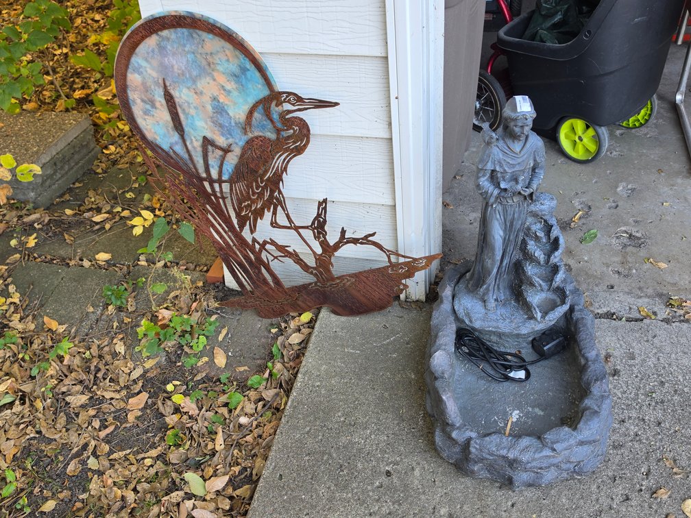Garden Fountain and Steel(Heron) Yard Art