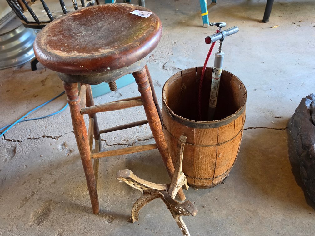 Wooden Stool-Nail Keg-Tire Pump and Cast Iron Table Base
