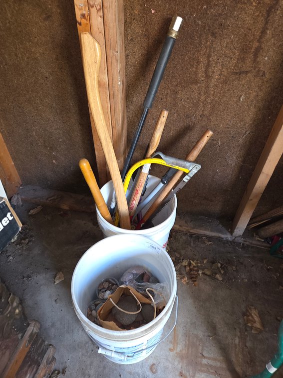 Variety of Lawncare Tools and Pail of Decorative Rock