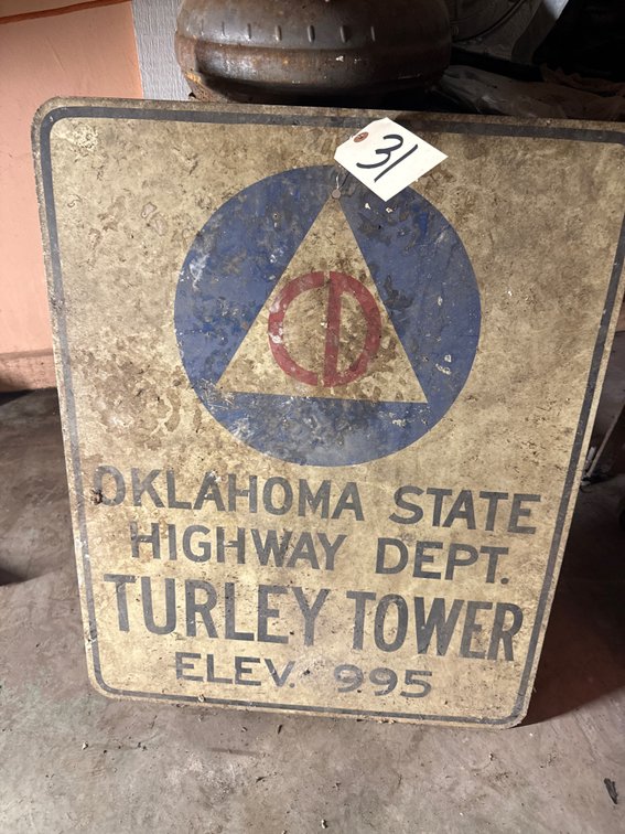 Metal Single Sided Sign - Oklahoma State Hwy Dept Turley Tower Elev 995