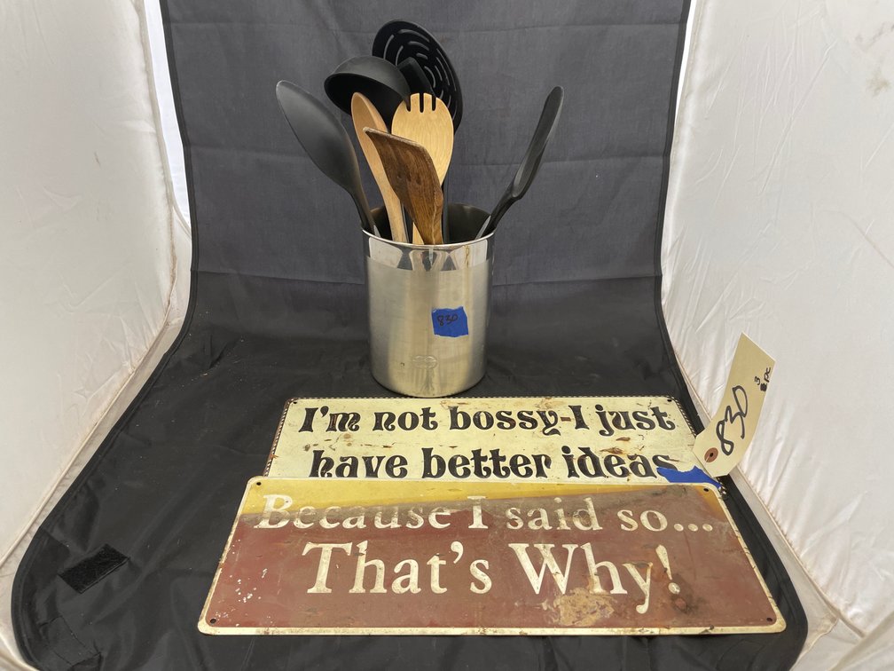 3 Pcs - Metal Single Sided Signs & Wood/Plastic Kitchen Utensils