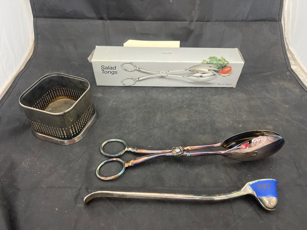 3 Pcs - Wm Rogers Salad Tongs - Candle Snuffer & Square Box