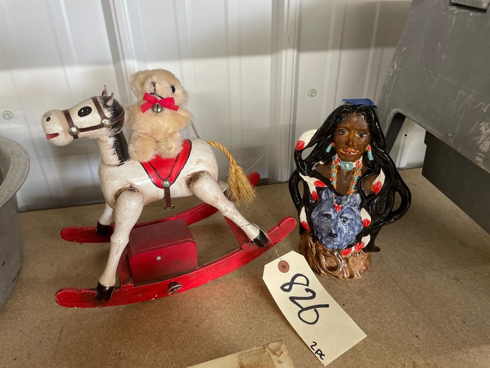 Painted Native American Statue & Musical Wooden Rocking Horse