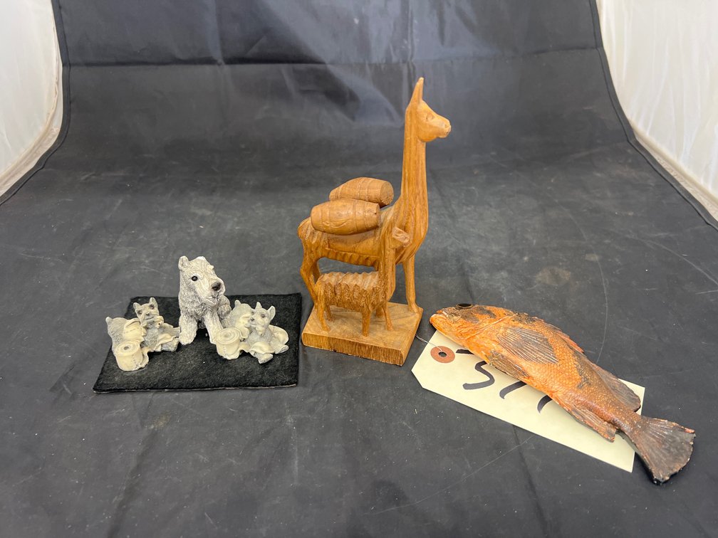 3 Pcs - Wood Carved Alpacas - Dog Figurine As Is - Carved Fish
