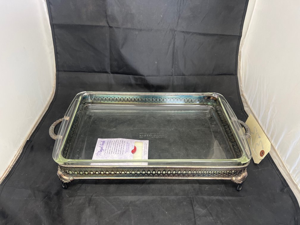 Pyrex Casserole w/Silver Toned Stand - Angel Seed