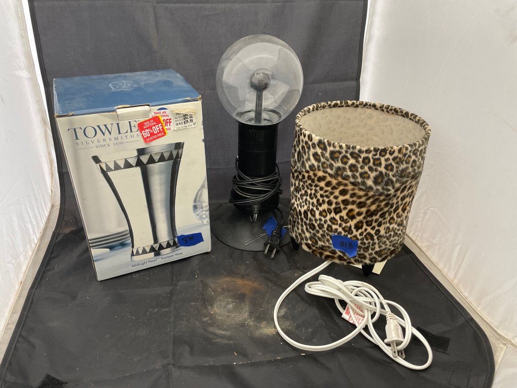 3 Pcs - 2 Table Lamps & Towle Silver Toned Vase
