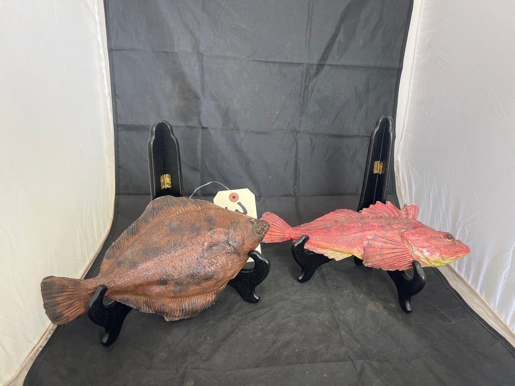 2 Pcs - Carved Wooden Fish on Display Stands