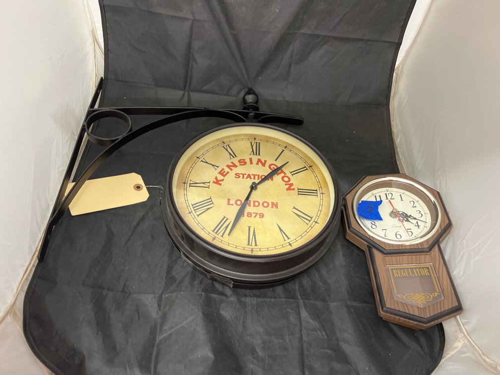 2 Wall Clocks - Small Battery Op Regulator & Battery Op Round
