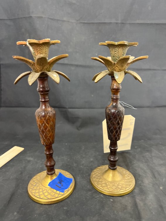 Pair Brass Palm Tree Candlestick Holders
