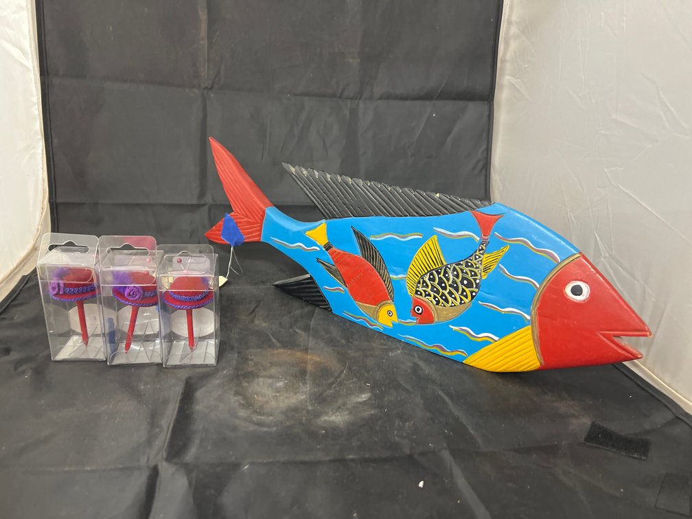 4 Pcs - 3 Collectible Pin Cushions & Wood Carved Fish