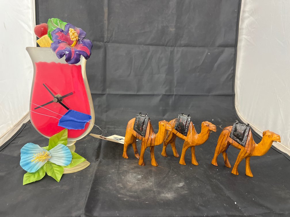 Wooden Carved Camel Figures & Plastic Drink Clock