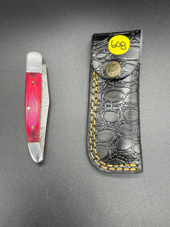 Folding Knife Damascus Steel Leather Holster