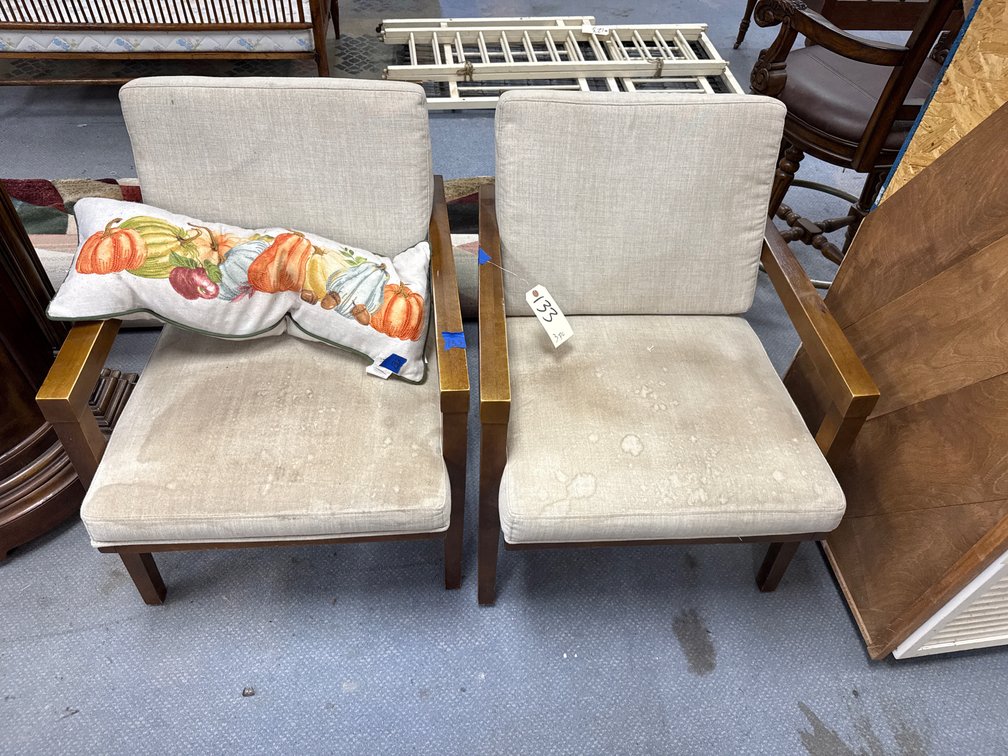 3 Pcs - 2 Wood Upholstered Chair & Pillow