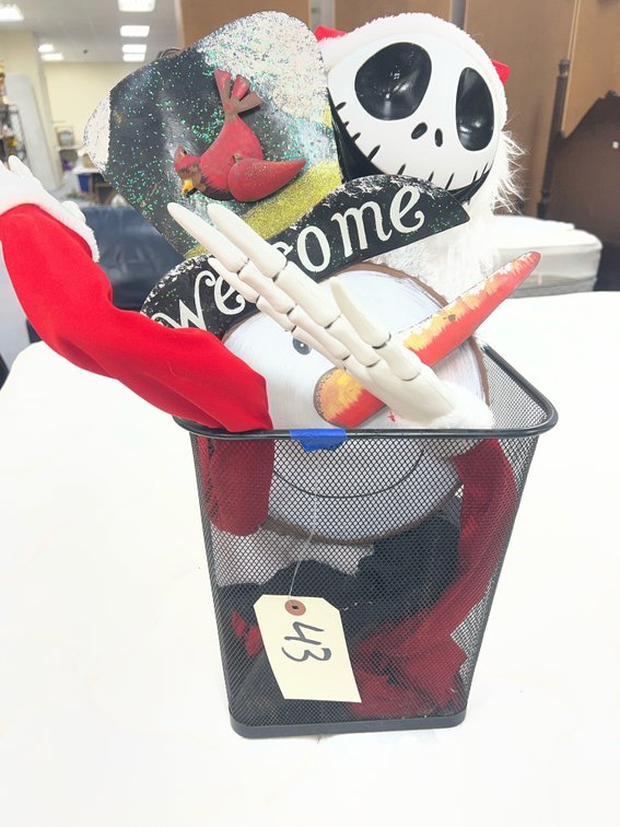 Wire Trash Bin w/Assorted Christmas Decor