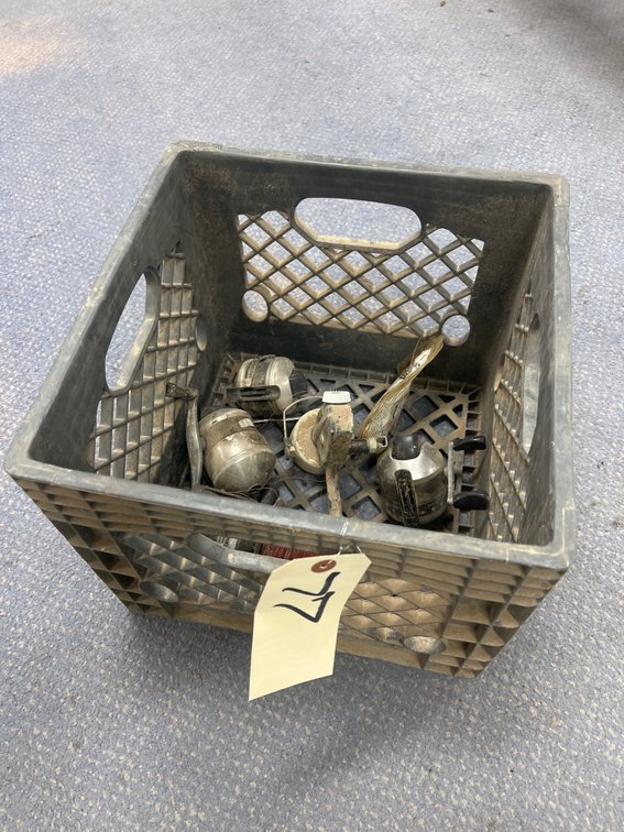 5 - Assorted Fishing Reels & Plastic Milk Crate