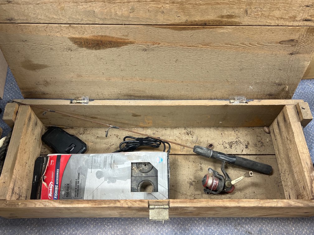 Wooden Ammo Crate w/Fishing Reel & Rod Rack