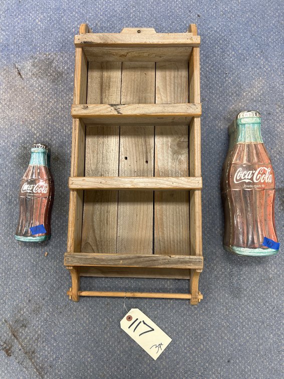 3 Pcs - Metal Coca Cola Tins & 3-Tiered Wood Shelf