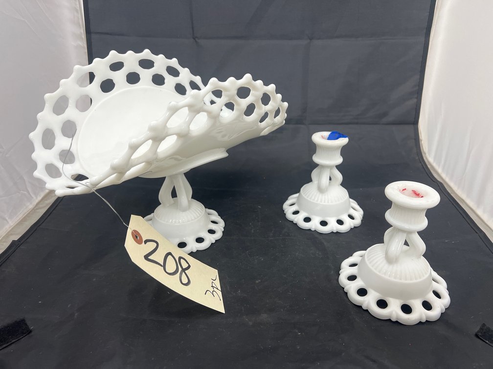3 Pcs - Milk Glass Candlestick Holders & Pedestal Fruit