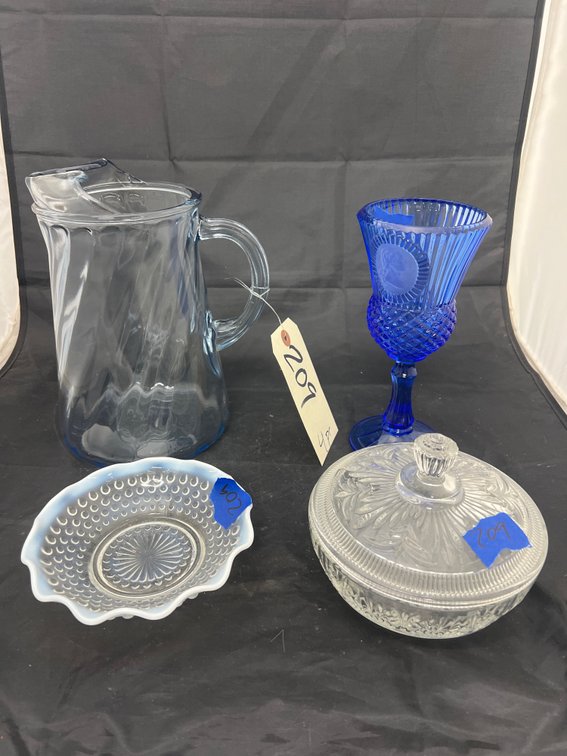 4 Pcs - Hobnail Opalescent Saucer - Blue Glass Pitcher -