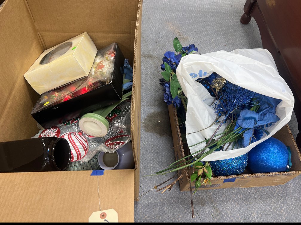 2 Boxes Christmas Ornaments - Wicker Basket & More