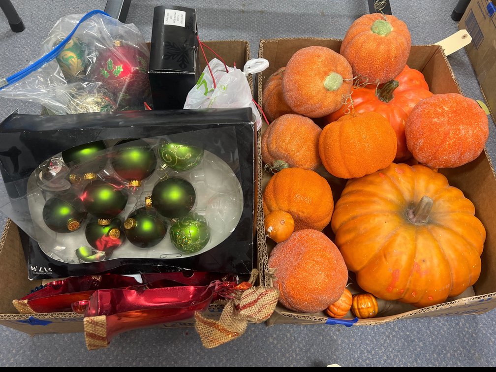 2 Boxes Assorted Christmas Ornaments & Pumpkin Decor