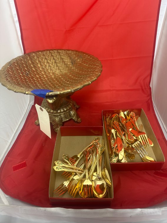 3 Pcs - Gold Toned Flatware & Serving Bowl