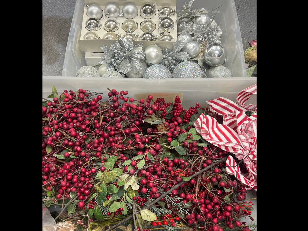 2 - Plastic Totes w/Silver Ornaments & Red Berry Picks