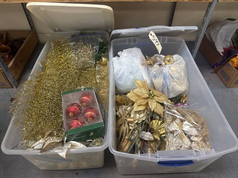 Gold Toned Home Decor in 2 Plastic Bins w/Lids