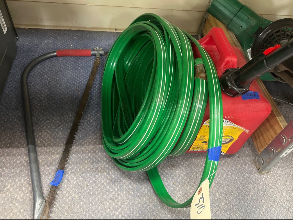 3 Pcs - Garden Hose - 1 Gal Plastic Gas Can - Hand Saw