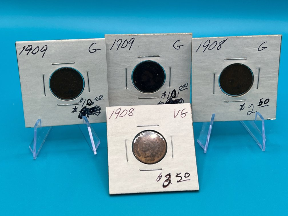2 - 1908 Indian Head Cents & 2 - 1909 Indian