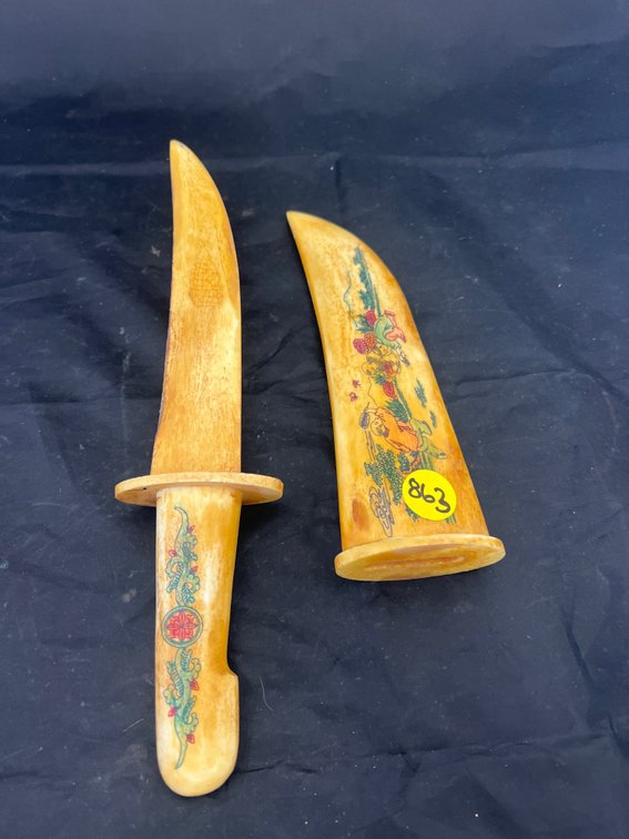 Carved Decorative Fixed Blade Knife w/Sheath