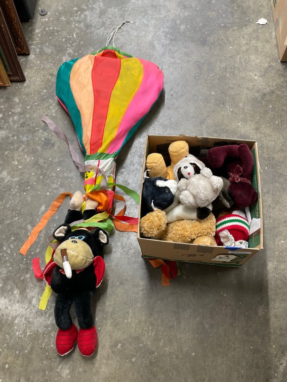 Box of Plush Animals - Wind Sock Monkey
