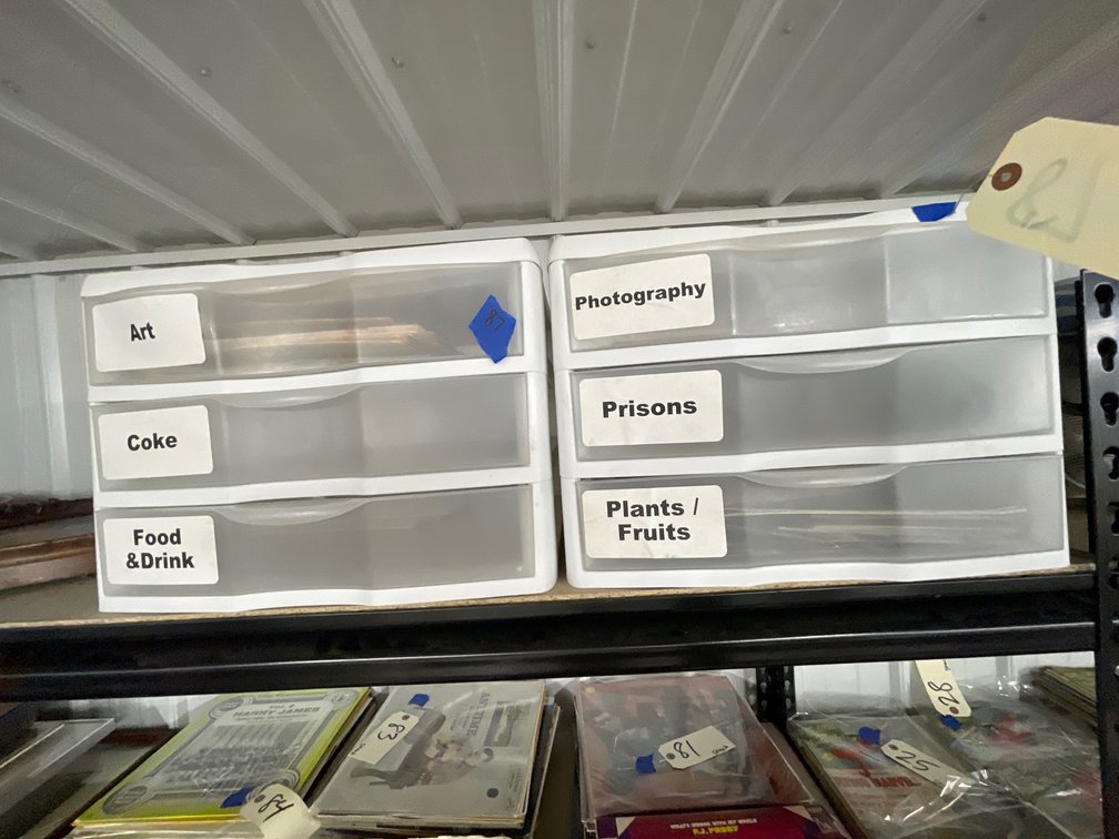 Assorted Magazines & Postcards in 2 Plastic 3-Drawer Organizers