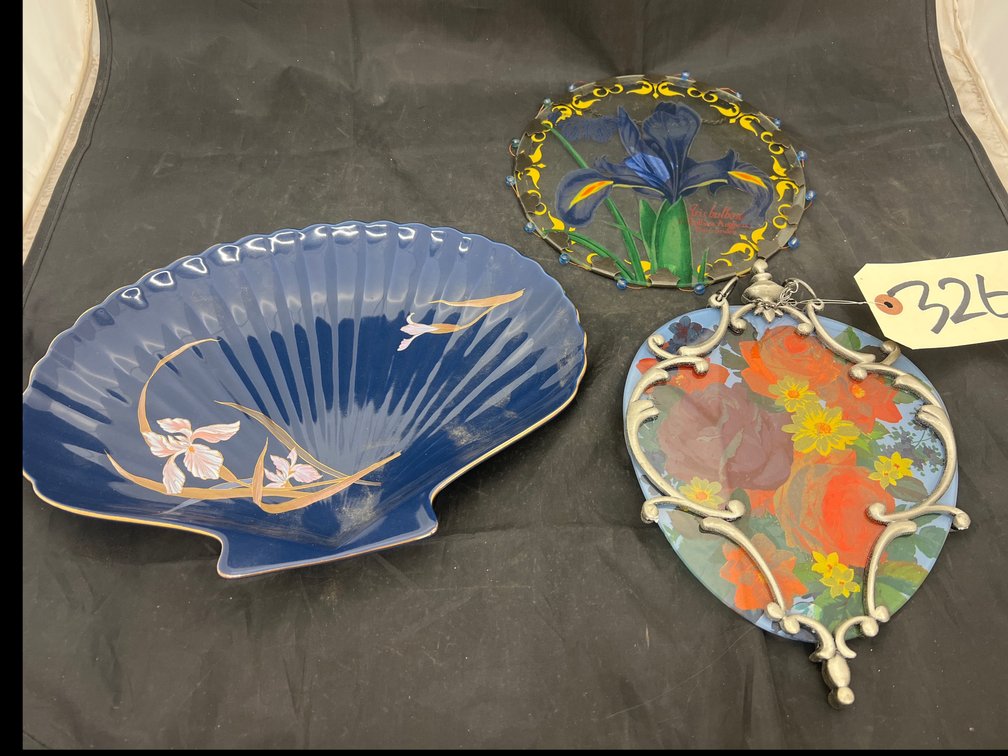 3 Pcs - Oriental Fan Plate - 2 Painted Glass Wall Decor