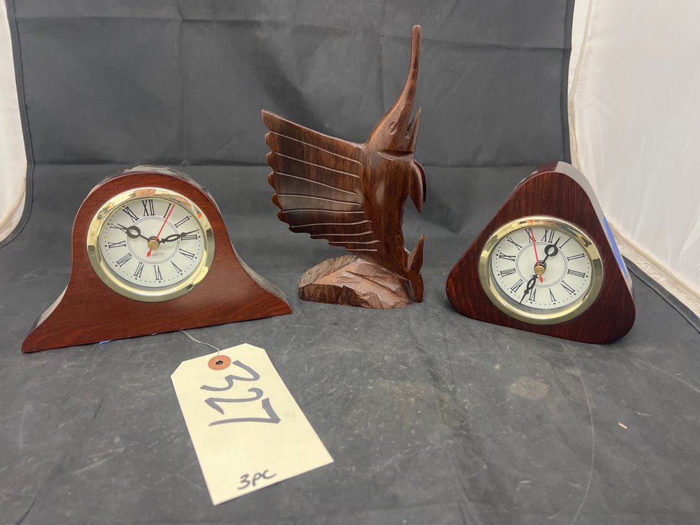 2 - Wooden Desk Clocks & Wood Carved Fish