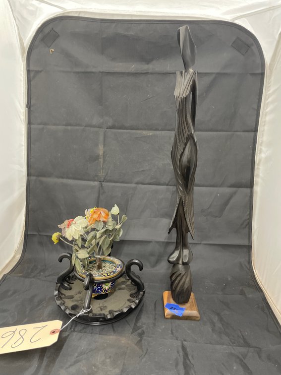 Glass Flower Display & Wooden Carved Figure