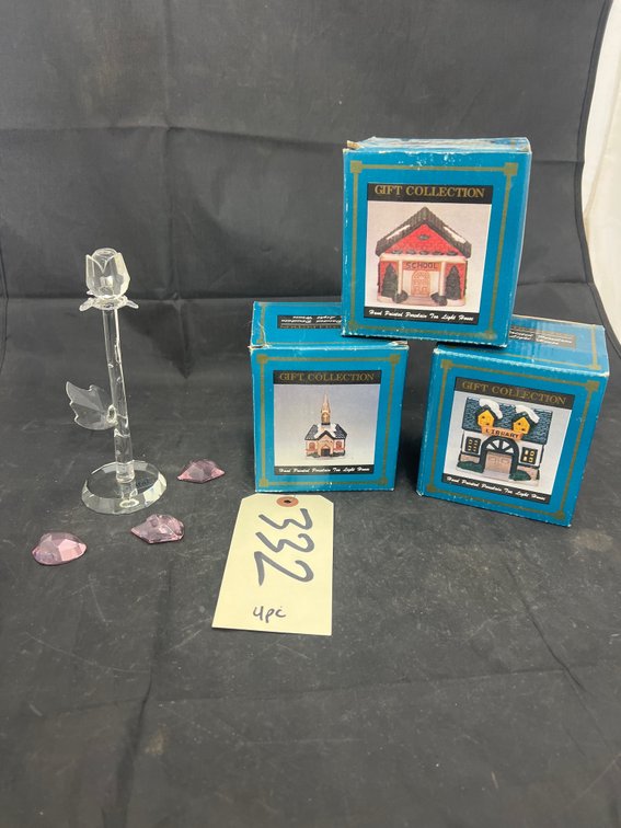 3 Pcs - Hand Painted Porcelain Tealight Houses & Crystal Red Rose