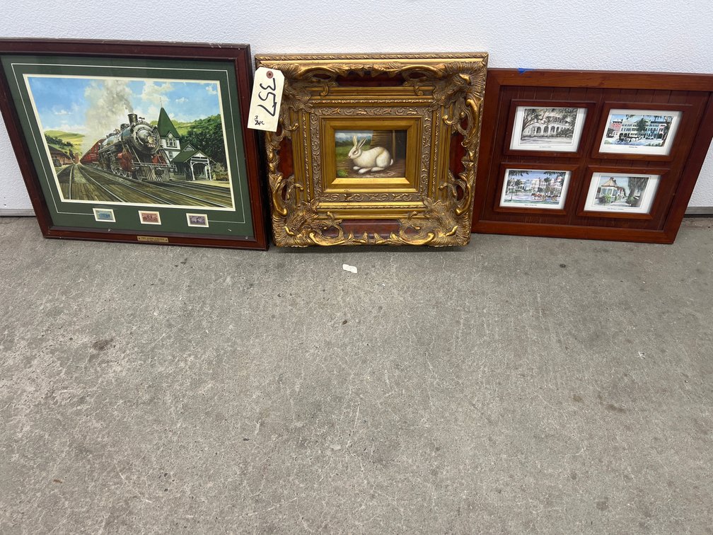 3 Pcs - Framed Train Print & Stamps - Postcards - Rabbit Print