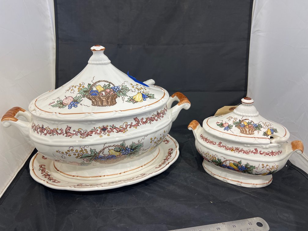 2 Soup Tureens & Serving Plate - Var Sizes - w/Ladles - some chips