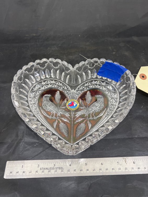 Red Cut to Clear Crystal Heart Shaped Bowl