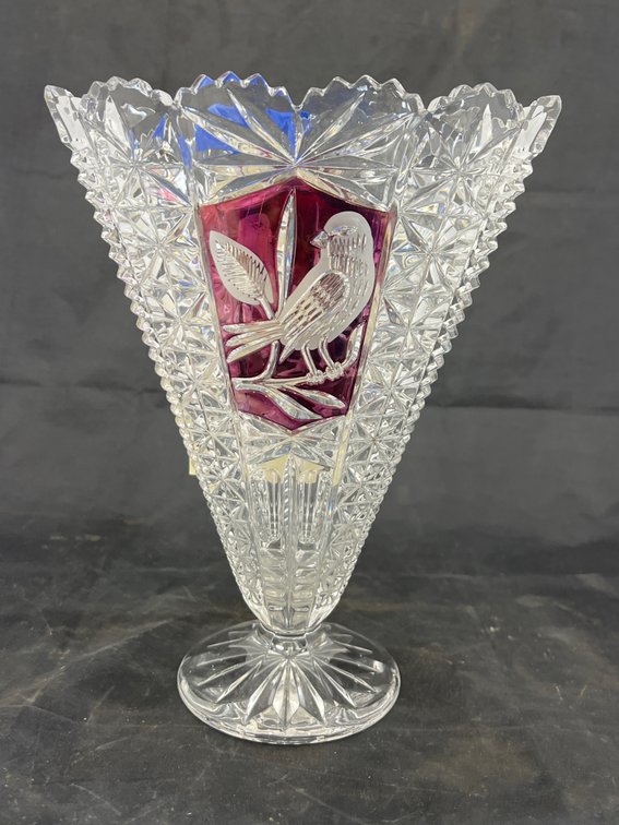 Red Cut to Clear Glass Fan Vase