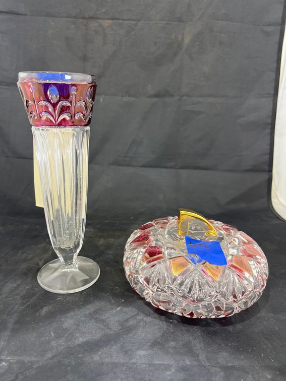 Red Cut to Clear Glass Bud Vase & Candy Dish