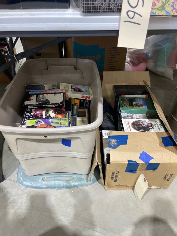Assorted VHS Tapes in Box & Plastic Bin w/Lid