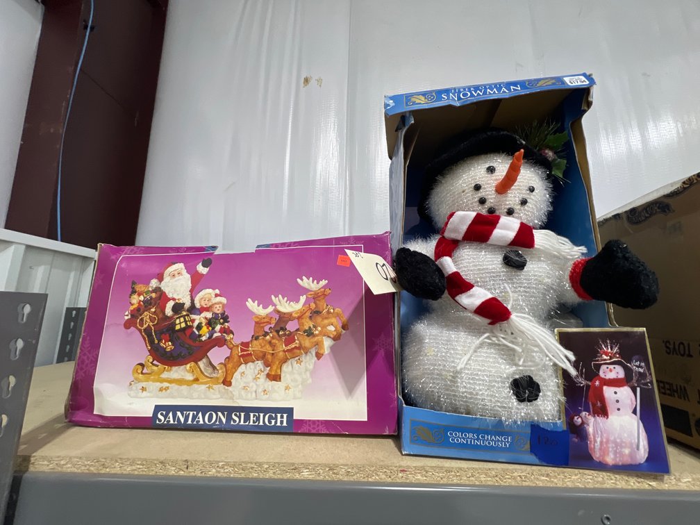 Santa On Sleigh Decor & Fiber Optic Snowman in box