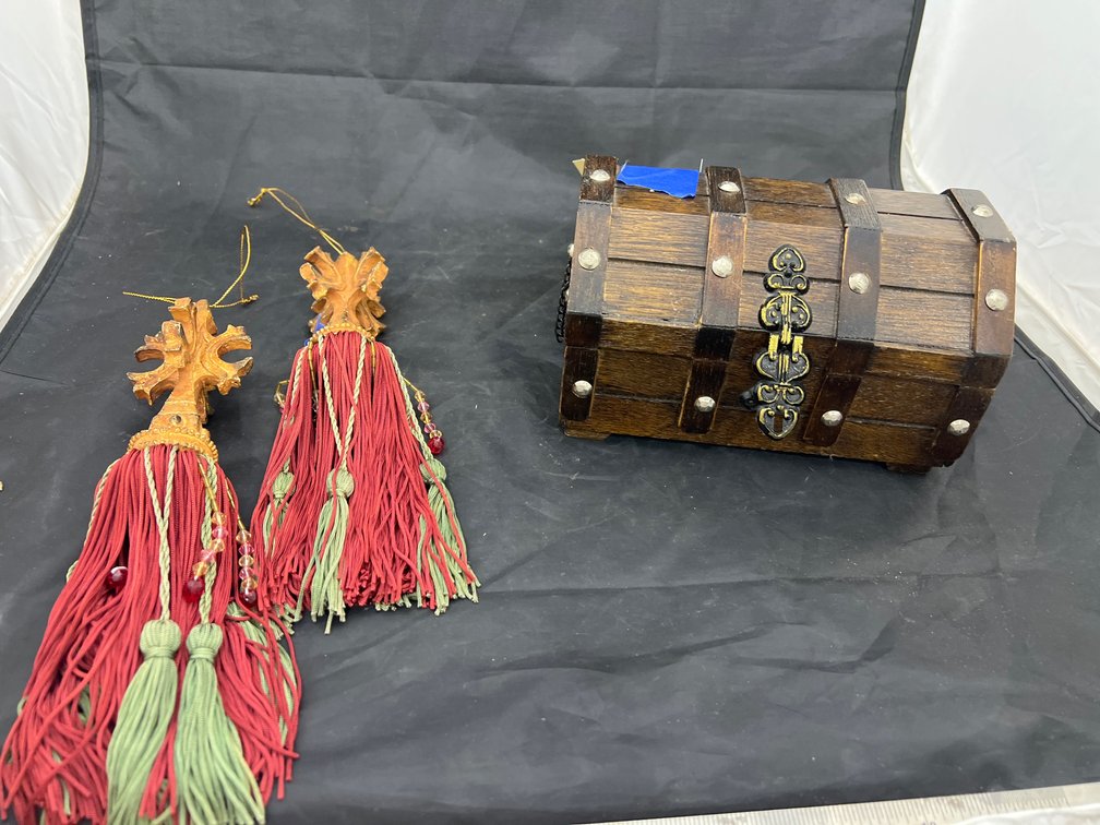 Wooden Jewelry Box w/Assorted Costume Jewelry  - 2 Curtain Tie Backs